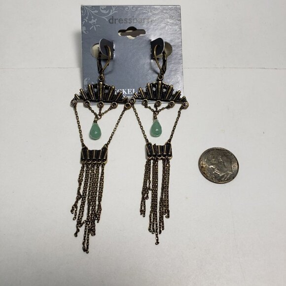 2/$30 Old Gold tone Fringed & Green Beads Drop Dangle Earrings - Chic  Jewelry - Picture 7 of 7